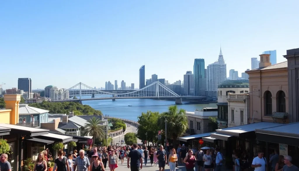 A bustling cityscape of Brisbane, Queensland, bathed in warm sunlight. In the foreground, pedestrians stroll along the lively streets, exploring vibrant outdoor cafes and boutiques. In the middle ground, the iconic Story Bridge stretches across the meandering Brisbane River, reflecting the azure sky. In the background, the city's skyscrapers and heritage buildings rise, creating a harmonious blend of modern and historic architecture. The scene exudes a relaxed, welcoming atmosphere, inviting visitors to immerse themselves in the unique Brisbane experience.