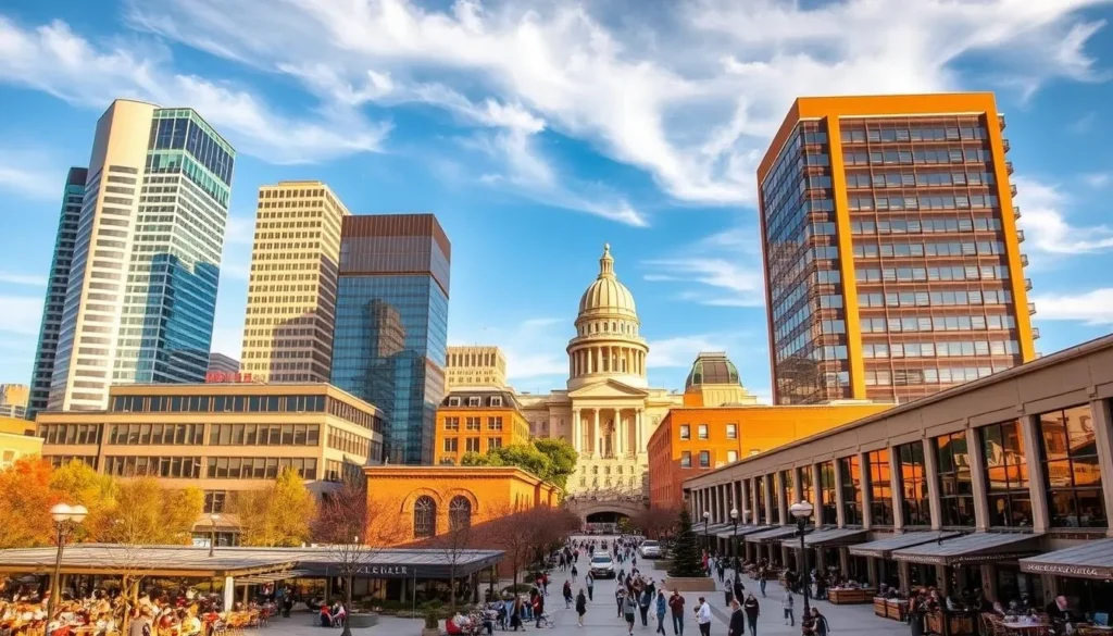 A bustling cityscape of Des Moines, Iowa's vibrant capital city, on a pleasant sunny day. In the foreground, sleek modern skyscrapers and historic buildings coexist, their facades bathed in warm golden light. Mid-ground features a lively pedestrian plaza with people strolling, dining at outdoor cafes, and enjoying the inviting atmosphere. In the background, the Iowa State Capitol building stands tall, its iconic dome silhouetted against a bright blue sky with wispy clouds. The overall scene conveys the energy, diversity, and charm of Des Moines' downtown area.