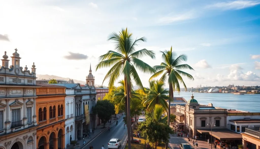 A bustling cityscape of Iloilo, the heart of the Philippines. In the foreground, colonial-era buildings with ornate facades stand proud, their intricate details illuminated by warm, golden sunlight. In the middle ground, palm trees sway gently, casting dappled shadows on the busy streets below, where local residents and visitors mingle. The background is dominated by the majestic Panay River, its tranquil waters reflecting the vibrant colors of the sky and the iconic landmarks that line its banks. The scene exudes a sense of timeless elegance and cultural richness, inviting the viewer to explore and discover the charm of this historic Philippine city.