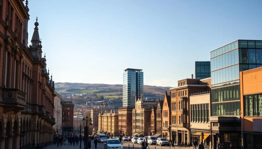 A bustling cityscape of Leeds, England, on a crisp, sunny day. In the foreground, elegant Victorian architecture lines the streets, with people strolling and enjoying the vibrant atmosphere. In the middle ground, modern glass-and-steel high-rises stand in harmony with the historic buildings, creating a striking juxtaposition of old and new. The background is framed by the rolling hills and lush greenery of the Yorkshire Dales, providing a scenic backdrop to the urban center. The scene is illuminated by warm, natural lighting, casting a soft glow over the entire landscape and conveying a sense of timeless charm and modernity.