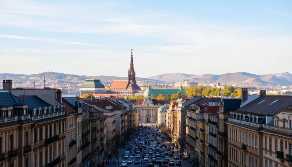A bustling cityscape of Madrid, bathed in warm, golden sunlight. In the foreground, historic buildings with ornate architecture and terracotta roofs line the streets, teeming with pedestrians and the occasional vintage car. In the middle ground, the iconic spires of the Catedral de la Almudena pierce the azure sky, while the majestic Royal Palace stands proud. In the distance, the rolling hills of the city's outskirts provide a picturesque backdrop, creating a harmonious blend of urban and natural elements. The scene exudes a sense of vibrant energy and timeless charm, capturing the essence of Madrid's captivating character.