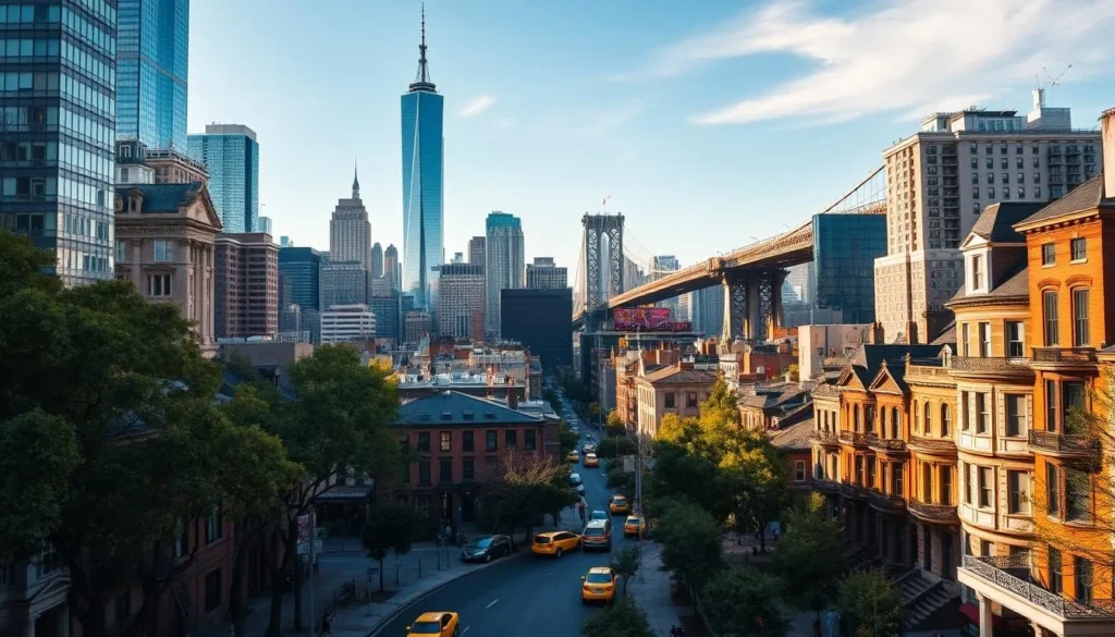 A bustling cityscape of Manhattan's diverse neighborhoods, captured in a cinematic wide-angle view. Towering skyscrapers and iconic landmarks rise against a clear, azure sky, their glass facades reflecting the warmth of the sun. In the foreground, tree-lined streets wind through charming brownstones and bustling sidewalks, where pedestrians and yellow cabs create a lively urban rhythm. The middle ground features the distinct architectural styles of distinct neighborhoods, from the sleek high-rises of Midtown to the historic low-rises of the Village. In the distance, the sweeping silhouette of the Brooklyn Bridge spans the East River, connecting this vibrant island to the rest of the city. The overall scene exudes a sense of energy, diversity, and the timeless allure of Manhattan. A bustling cityscape of Manhattan's diverse neighborhoods, captured in a cinematic wide-angle view. Towering skyscrapers and iconic landmarks rise against a clear, azure sky, their glass facades reflecting the warmth of the sun. In the foreground, tree-lined streets wind through charming brownstones and bustling sidewalks, where pedestrians and yellow cabs create a lively urban rhythm. The middle ground features the distinct architectural styles of distinct neighborhoods, from the sleek high-rises of Midtown to the historic low-rises of the Village. In the distance, the sweeping silhouette of the Brooklyn Bridge spans the East River, connecting this vibrant island to the rest of the city. The overall scene exudes a sense of energy, diversity, and the timeless allure of Manhattan.
