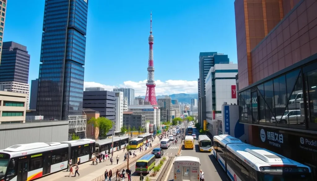 A bustling cityscape of Minato-ku, Tokyo, on a sun-dappled day. In the foreground, sleek high-rise buildings and modern skyscrapers with glass facades reflect the azure sky. Pedestrians stroll along lively sidewalks, weaving between efficient public transit vehicles - buses, trains, and taxis. In the middle ground, the iconic Tokyo Tower rises majestically, its latticed structure silhouetted against the horizon. The background showcases the distant mountains, their peaks shrouded in wispy clouds. The scene conveys a sense of urban dynamism, technological advancement, and the harmonious coexistence of old and new in this vibrant Japanese metropolis.