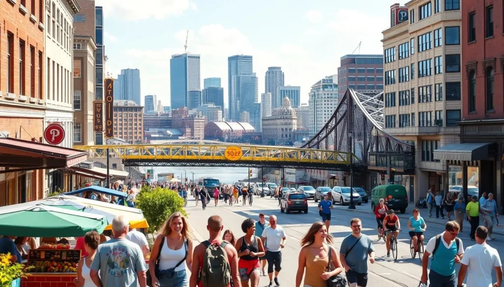 A bustling cityscape of Pittsburgh on a sunny day, with a focus on budget-friendly experiences. In the foreground, a group of friends exploring the vibrant street markets, sampling local cuisine and browsing unique artisanal shops. The middle ground showcases the iconic bridges and rivers, with people jogging, cycling, and enjoying outdoor recreational activities. In the background, the city's skyscrapers and historic architecture create a striking skyline. The scene is bathed in warm, natural lighting, highlighting the city's welcoming atmosphere and accessible attractions for a diverse range of travelers.
