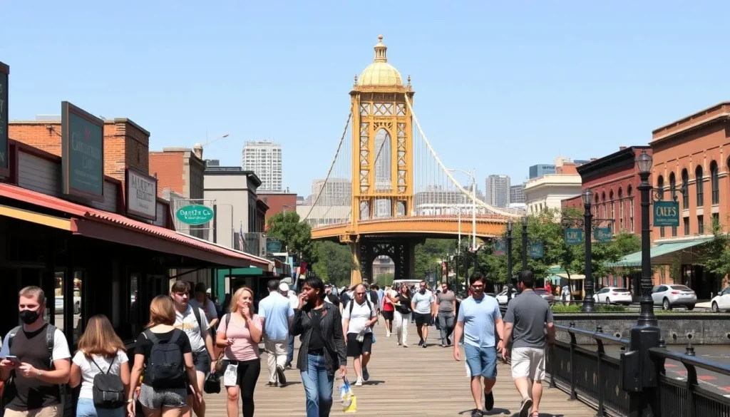 A bustling cityscape of Sacramento, California, captured on a sunny afternoon. In the foreground, a group of tourists explore the historic Old Sacramento district, strolling along the wooden boardwalk and peering into charming boutiques. The middle ground showcases the iconic Tower Bridge, its golden hue gleaming in the warm light. In the background, the state capitol building rises majestically, its domed architecture a testament to the city's rich history. The scene is infused with a sense of vibrant energy and discovery, inviting the viewer to imagine themselves immersed in the sights and sounds of this vibrant California city.