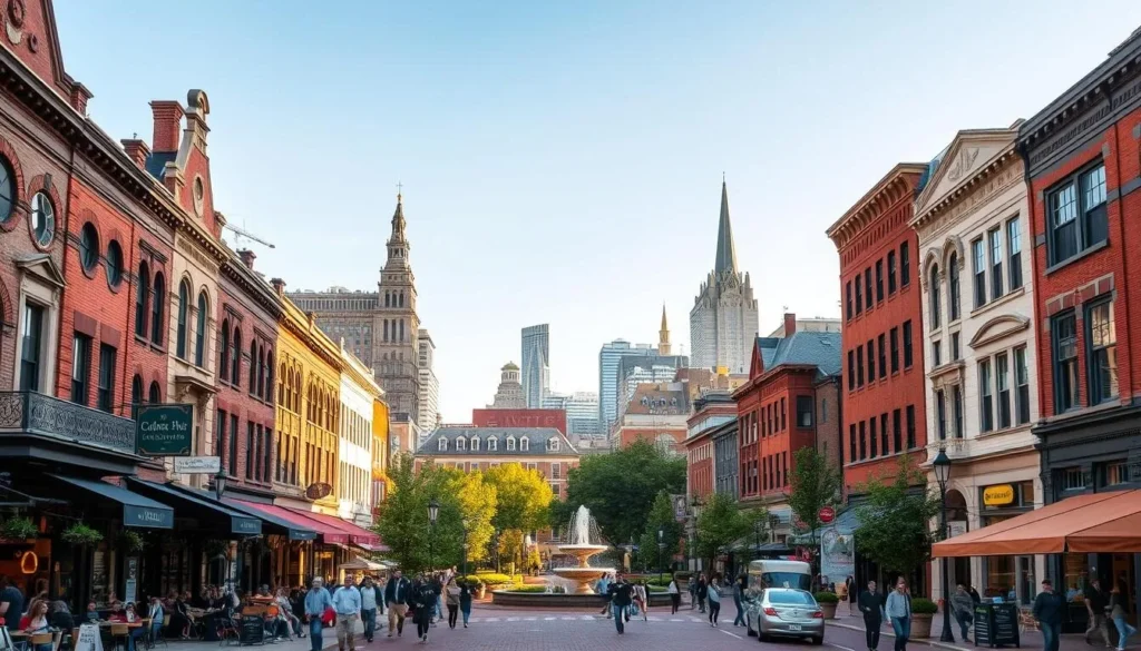 A bustling cityscape of Utica, New York, undergoing a revitalization. In the foreground, pedestrians stroll along a lively street lined with charming brick buildings, their facades adorned with intricate architectural details. Cafes and boutiques spill out onto the sidewalks, creating a vibrant, inviting atmosphere. In the middle ground, a newly renovated public square features a central fountain and lush greenery, surrounded by a mix of modern and historic structures. The background is dominated by the iconic skyline, with towering skyscrapers and church steeples rising against a clear, azure sky, bathed in warm, golden light. The scene conveys a sense of progress, community, and a city embracing its rich heritage while confidently stepping into a brighter future.