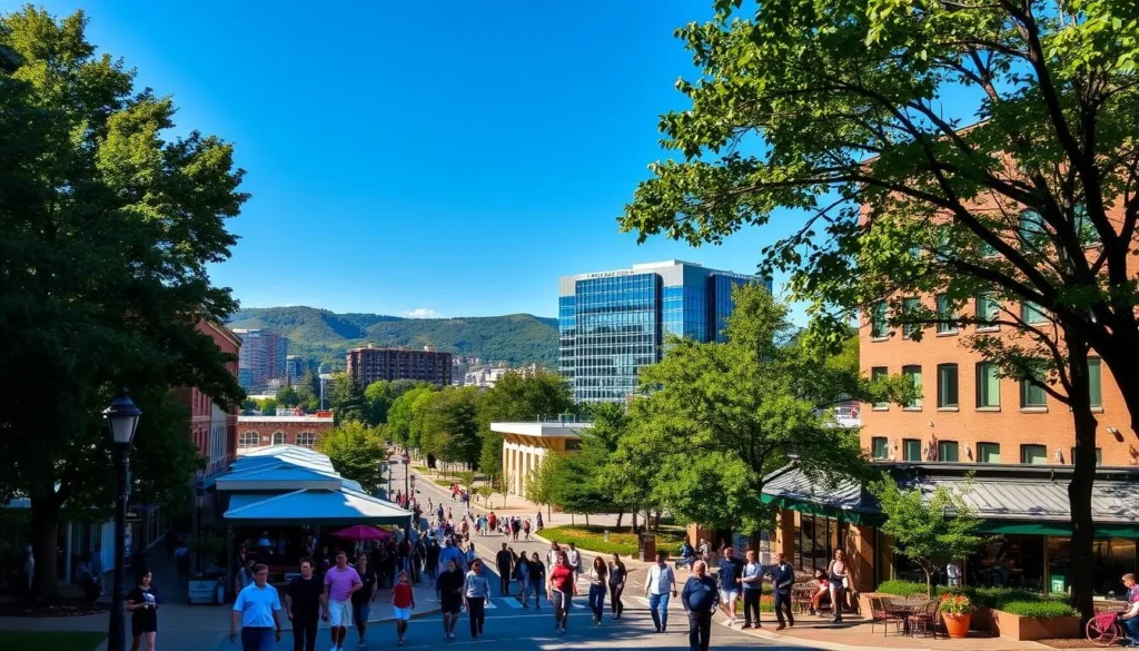 A bustling cityscape of White Plains, New York, on a sunny day. In the foreground, pedestrians stroll along the tree-lined streets, cafes, and shops. The middle ground features the iconic architecture of the Westchester County Center, its glass facade reflecting the blue sky. In the background, the rolling hills and lush greenery of Westchester County create a picturesque backdrop. The scene is illuminated by warm, natural lighting, capturing the vibrant and inviting atmosphere of this thriving city.