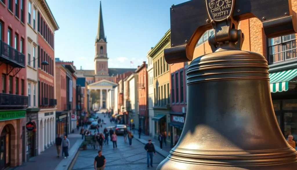 A bustling cityscape of historic Philadelphia, showcasing its iconic landmarks and charming architecture. The foreground features the Liberty Bell, a symbol of American independence, bathed in warm sunlight. In the middle ground, the towering spires of Independence Hall and Christ Church create a picturesque skyline. The background is filled with quaint cobblestone streets, lined with vibrant storefronts and colonial-style buildings. The scene captures the city's rich heritage and its enduring spirit, inviting the viewer to discover the "City of Brotherly Love" in all its glory.