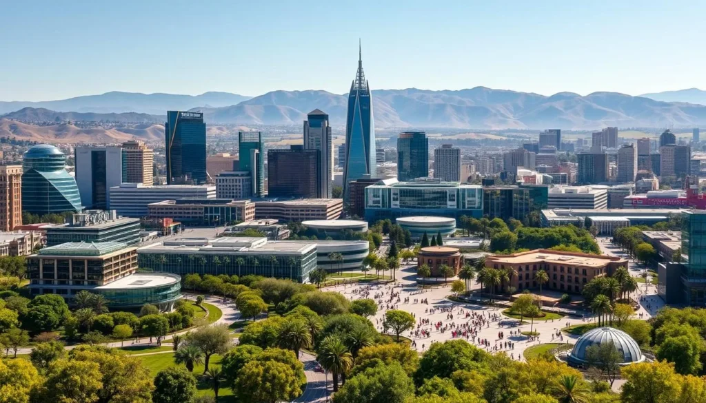 A bustling cityscape of modern high-rises and tech campuses, bathed in warm California sunlight. In the foreground, lush green parklands and pedestrian plazas teem with people enjoying the day. The middle ground features the iconic glass towers and sleek, angular silhouettes of Silicon Valley's innovation hubs, conveying a sense of progress and technological prowess. In the background, rolling hills and a clear blue sky create a picturesque natural backdrop, balancing the urban dynamism. The scene evokes the vibrant, forward-thinking spirit of San Jose's Silicon Valley, where cutting-edge ideas and global influence converge.