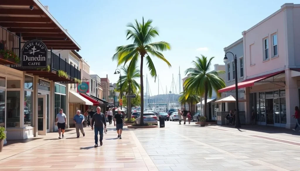 A bustling downtown Dunedin scene on a bright, sunny day. In the foreground, quaint shops and cafes line the sidewalks, their colorful facades reflecting in the gleaming pavement. Pedestrians stroll leisurely, enjoying the lively atmosphere. In the middle ground, towering palm trees sway gently, casting dappled shadows across the scene. In the background, the iconic Dunedin Marina comes into view, its boats bobbing on the sparkling waters of the Intracoastal Waterway. The overall mood is one of relaxed, coastal charm, inviting visitors to explore the unique character of this picturesque Florida town.
