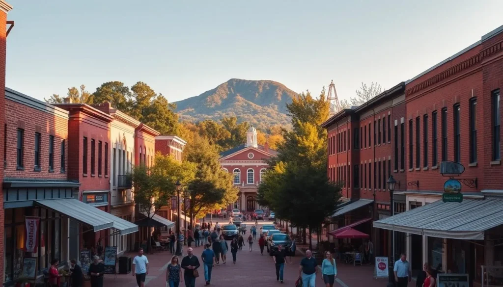 A bustling downtown Marietta, Georgia on a sunny afternoon. The historic Marietta Square is the focal point, surrounded by charming red-brick buildings housing local shops, cafes, and eateries. Pedestrians stroll along the sidewalks, enjoying the lively atmosphere. In the middle ground, the Marietta Museum of History stands as a testament to the town's rich heritage. In the background, the majestic Kennesaw Mountain rises, providing a scenic backdrop. Warm, golden lighting filters through the trees, creating a picturesque and inviting ambiance. Capture the quintessential small-town charm and character of Marietta in this serene, idyllic scene.