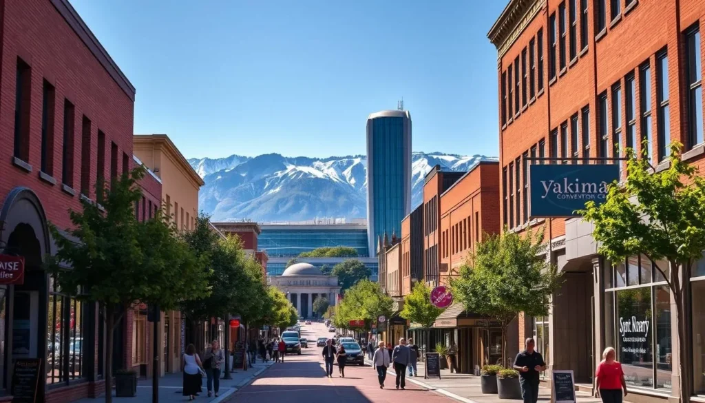 A bustling downtown Yakima streetscape, bathed in warm afternoon sunlight. Charming brick buildings line the sidewalks, their storefronts inviting shoppers to explore boutiques, cafes, and locally-owned businesses. People stroll along the tree-lined streets, admiring the vibrant window displays. In the middle distance, the iconic Yakima Convention Center stands tall, its sleek architecture a striking contrast to the quaint historic buildings. In the background, the majestic Cascade mountains rise, their snow-capped peaks serving as a dramatic backdrop to the urban scene. The mood is lively and welcoming, capturing the spirit of downtown Yakima as a hub of community and commerce.