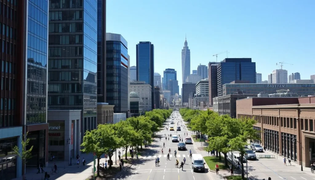 A bustling downtown cityscape of Kansas City, Kansas on a pleasant sunny day. In the foreground, modern high-rise buildings and skyscrapers stand tall, their sleek glass facades glistening in the warm light. In the middle ground, tree-lined streets and sidewalks teem with people going about their day - pedestrians, cyclists, and vehicles moving through the lively urban environment. In the background, the iconic Kansas City skyline rises up, punctuated by the distinctive architecture of landmarks like the Power & Light Building. The overall scene conveys the dynamic energy and unique charm of this Midwestern metropolis.