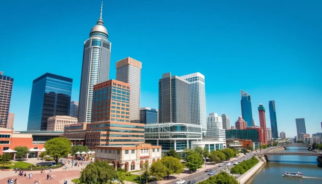 A bustling downtown cityscape of Oklahoma City, with towering skyscrapers and modern architectural landmarks set against a clear blue sky. Capture the energy and vibrancy of the city, showcasing the iconic Devon Tower, the unique Myriad Botanical Gardens, and the lively Bricktown district along the banks of the Oklahoma River. Utilize a wide-angle lens to create a panoramic view that immerses the viewer in the urban environment, with people strolling along the sidewalks and traffic moving through the streets. Employ natural lighting to accentuate the colors and details, conveying a sense of a pleasant, sunny day ideal for exploring the city's diverse neighborhoods and attractions.
