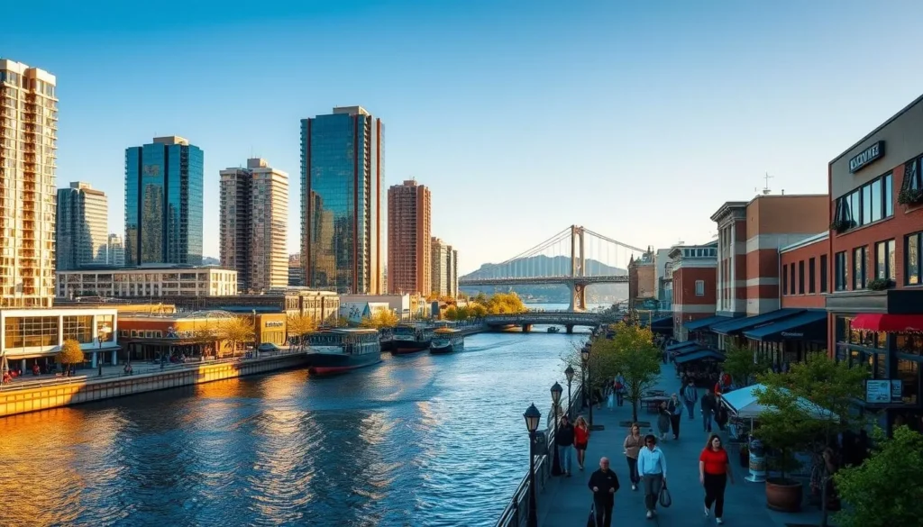 A bustling downtown cityscape of Vancouver, Washington, bathed in warm afternoon sunlight. Towering glass-and-steel high-rises stand tall against a clear azure sky, their reflections shimmering in the calm waters of the Columbia River. Lively pedestrian-friendly streets are lined with quaint shops, trendy cafes, and vibrant public art. People stroll leisurely, enjoying the pleasant weather and the charming urban atmosphere. In the distance, the iconic Interstate Bridge spans the river, connecting the city to its Oregon counterpart. The scene exudes a sense of energy, modernity, and civic pride.