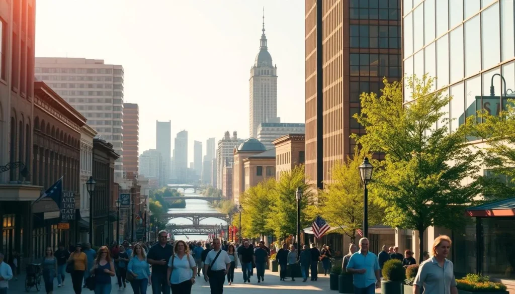 A bustling downtown scene of Columbus, Ohio on a bright, sunny day. In the foreground, pedestrians stroll along the lively streets, admiring the towering skyscrapers and historic architecture that line the sidewalks. In the middle ground, the iconic skyline of Columbus comes into view, with the striking, modern design of the Leveque Tower standing tall. In the background, the serene Scioto River winds its way through the city, its banks dotted with verdant trees and lush greenery. The scene is bathed in warm, golden light, creating a vibrant and inviting atmosphere that captures the energy and dynamism of Ohio's state capital.