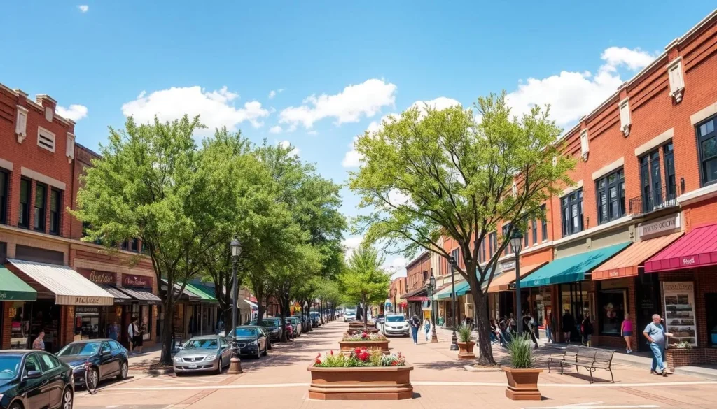 A bustling downtown shopping district in Greeley, Colorado on a bright, sunny day. Quaint, two-story brick buildings line both sides of the street, their facades adorned with colorful awnings and decorative trim. Pedestrians stroll along the sidewalks, browsing the diverse array of locally-owned boutiques, specialty shops, and cafes. Trees line the street, casting dappled shadows on the scene. Parked cars and vintage street lamps add to the charming, small-town ambiance. A wide, tree-lined promenade bisects the district, with benches and planters inviting visitors to linger and soak in the vibrant, lively atmosphere.