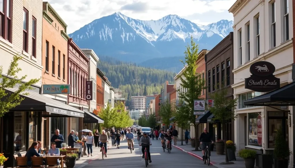 A bustling downtown street in Jasper, Alberta, lined with charming heritage buildings, local shops, and outdoor cafes. The sun casts a warm glow across the scene, with people strolling along the sidewalks and cyclists navigating the tree-lined roads. In the foreground, a group of friends enjoy coffee and conversation at a cozy patio. In the middle ground, colorful murals and window displays catch the eye, while in the background, the majestic Canadian Rockies rise up, framing the quaint and lively town center. Capture the vibrant atmosphere and picturesque setting of downtown Jasper, a hub of activity and exploration within Jasper National Park.