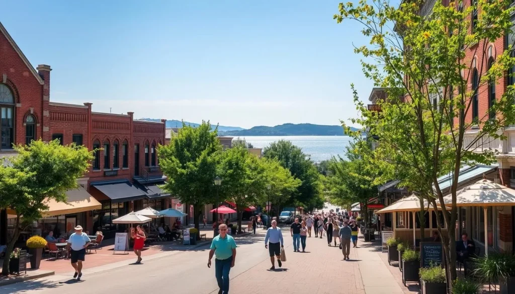 A bustling downtown street in Traverse City, Michigan, on a pleasant sunny day. Brick and stone buildings line the sidewalks, their facades adorned with charming architectural details. Lush trees provide dappled shade, and cafes spill out onto the pavement, their umbrellas and patrons creating a lively, inviting atmosphere. In the distance, the sparkling waters of Grand Traverse Bay shimmer, framed by the rolling hills beyond. Pedestrians stroll leisurely, browsing the eclectic shops and galleries that dot the area. The scene captures the quaint, vibrant character of this picturesque lakeside town, perfect for exploring and enjoying the best of northern Michigan.