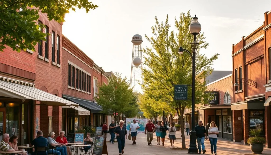 A bustling downtown with historic brick buildings, tree-lined streets, and colorful murals. In the foreground, a quaint cafe with outdoor seating, locals sipping coffee and enjoying the pleasant weather. In the middle ground, pedestrians strolling along the sidewalks, passing by independent shops and galleries. In the background, the iconic Joplin Globe building and the distant silhouette of a water tower, representing the city's rich history and character. Warm, golden sunlight filters through the scene, creating a welcoming and vibrant atmosphere that captures the essence of Joplin, Missouri - a hidden gem in the heart of the Ozarks.