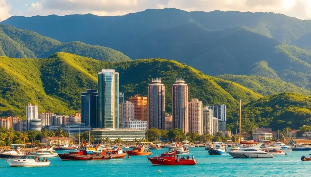 A bustling harbor city nestled against lush, verdant hills, Port Moresby exudes a vibrant, tropical ambiance. In the foreground, a fleet of colorful fishing boats and cargo ships dot the sparkling azure waters of the harbor. Towering skyscrapers and modern high-rises rise majestically in the middle ground, their glass facades reflecting the warm, golden sunlight. In the background, a verdant, rolling landscape of dense, jungle-clad hills frames the scene, adding a sense of rugged, natural beauty. The overall atmosphere is one of dynamic energy and cultural diversity, inviting the viewer to explore this captivating gateway to the wonders of Papua New Guinea.