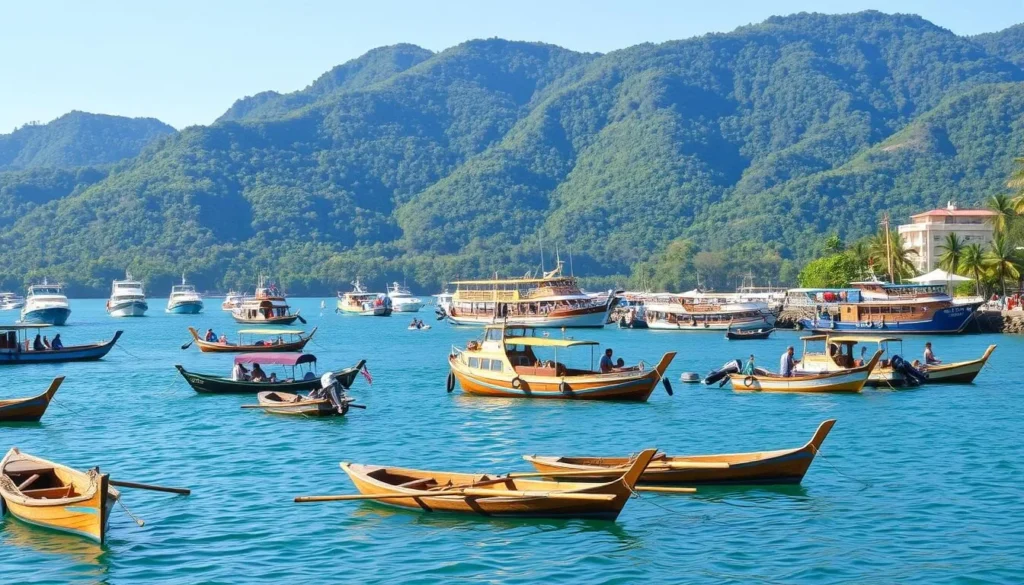 A bustling harbor in Puerto Galera, Mindoro Island, Philippines. In the foreground, traditional outrigger boats known as "bangka" gently sway on the calm, azure waters. The middle ground features a mix of small fishing vessels and colorful water taxis ferrying passengers to nearby islands. In the background, lush, verdant hills rise up, creating a picturesque backdrop. The scene is bathed in warm, golden sunlight, casting a serene, tropical atmosphere. Capture this vibrant and authentic transportation hub, showcasing the diverse watercraft that connect the island's various destinations.