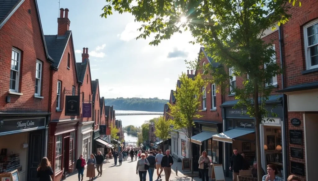 A bustling high street in the charming town of Maidenhead, England. Quaint brick buildings line the sidewalks, their colorful storefronts beckoning passersby. Stylish boutiques, family-owned specialty shops, and cozy cafes dot the scene, creating a vibrant, pedestrian-friendly atmosphere. Sunlight filters through the trees, casting a warm glow over the scene. Shoppers stroll leisurely, browsing unique wares and stopping to savor local delicacies. The tranquil River Thames flows serenely in the background, adding to the picturesque setting. Capture the quintessential small-town charm and lively energy of a quintessential Maidenhead shopping experience.