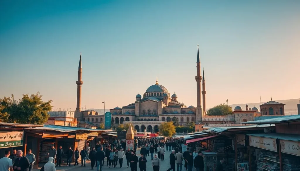 A bustling historic city in the Middle East, Damascus is a captivating blend of ancient architecture and modern life. Capture the essence of this timeless destination with a panoramic view of the majestic Umayyad Mosque, its grand minarets and domes rising majestically against a clear azure sky. In the foreground, pedestrians navigate the bustling souks, their vibrant colors and intricate patterns creating a lively scene. In the middle ground, the historic Azem Palace stands as a testament to the city's storied past, its ornate facade and lush gardens inviting exploration. The warm, golden light bathes the entire tableau, evoking a sense of timeless elegance and cultural richness.