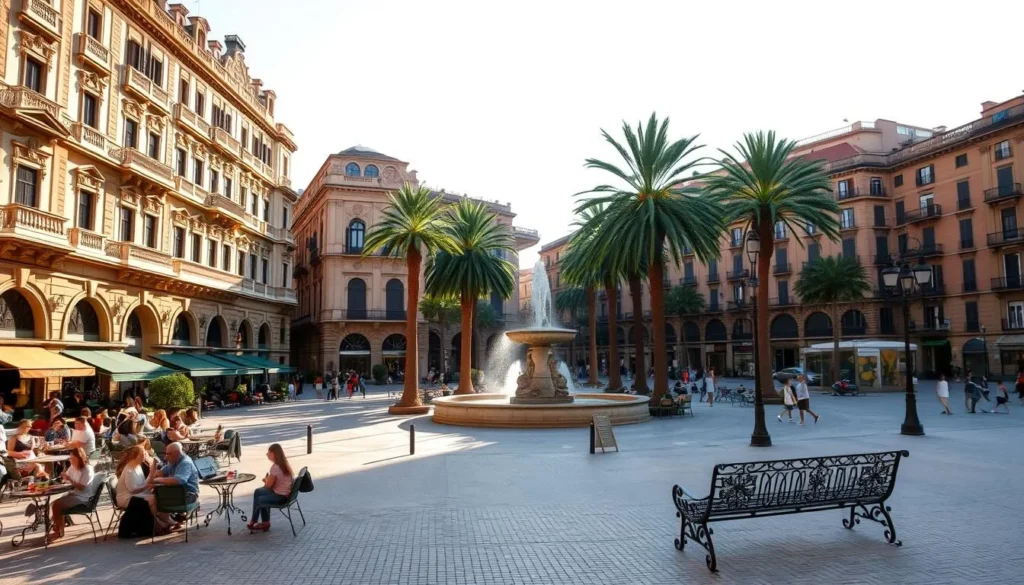 A bustling historic square in Barcelona, Plaça Reial is a picturesque scene. Capture the ornate architecture of the Renaissance-style buildings lining the plaza, their intricate facades casting long shadows under the warm Mediterranean sun. In the center, a grand fountain and tall palm trees create a lush, verdant focal point. Cafe patrons dine alfresco at small tables, enjoying the vibrant atmosphere of this iconic public space. The wide, cobblestone promenade is dotted with street lamps and wrought-iron benches, inviting visitors to stroll and soak in the historic ambiance of this beloved Barcelona landmark.