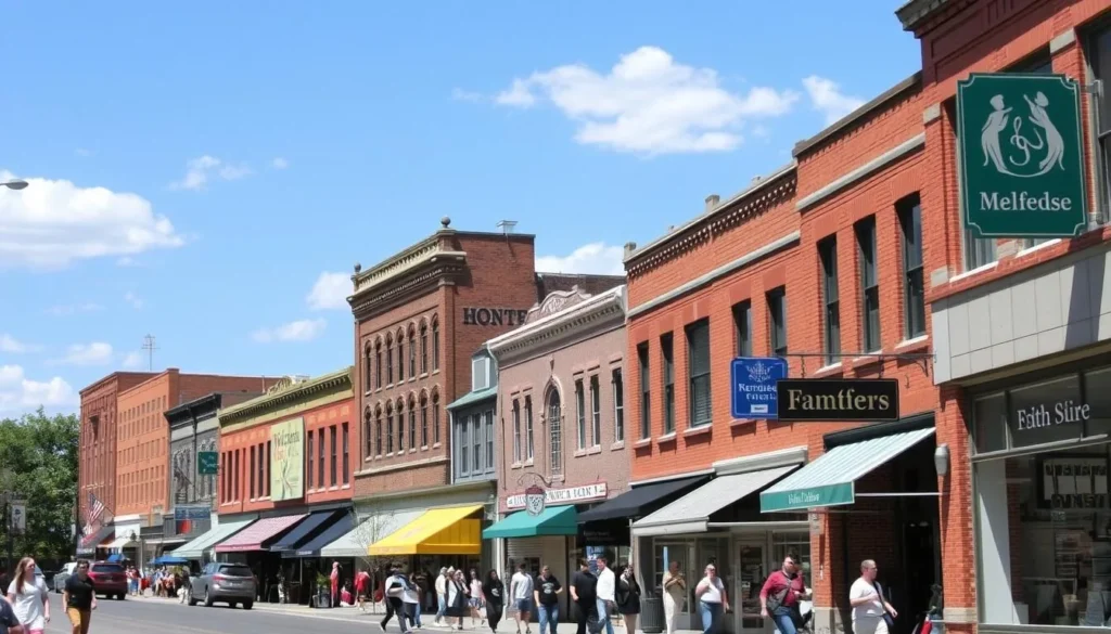 A bustling historic street in Ogden, Utah, lined with charming brick buildings, quaint shops, and pedestrians strolling on a pleasant sunny day. Capture the vibrant atmosphere of 25th Street, with its mix of vintage architecture, local businesses, and a lively, inviting ambiance. Utilize a wide-angle lens to showcase the street's depth and character, with a focus on the details that give this area its unique charm and appeal. Convey a sense of warmth, nostalgia, and community, inviting the viewer to imagine themselves exploring this delightful slice of Ogden's vibrant urban landscape.