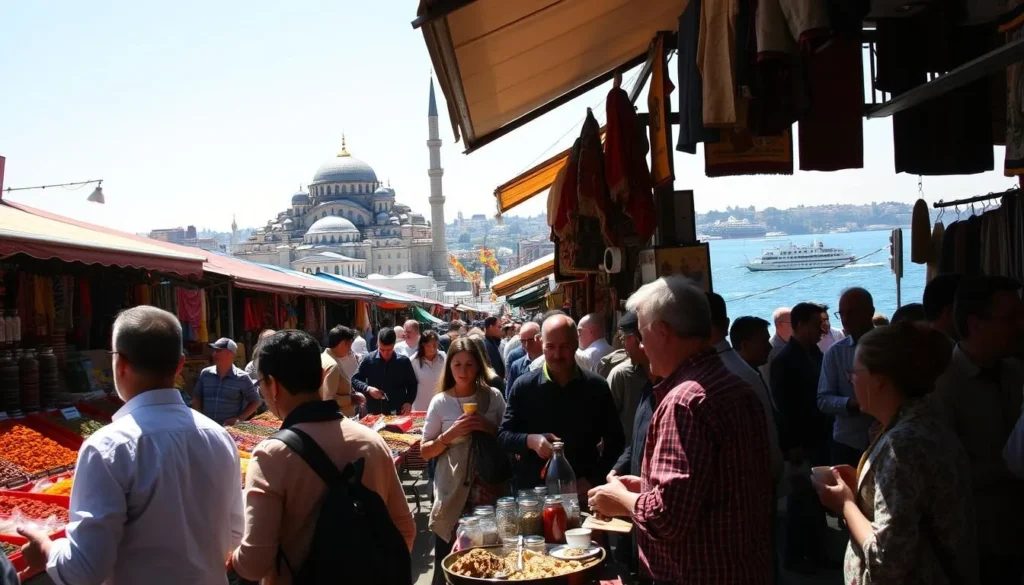 A bustling market in the heart of Istanbul, sun-drenched streets lined with colorful spice stalls and vibrant textiles, the aroma of freshly brewed Turkish coffee wafting through the air. In the foreground, a group of locals haggling with animated gestures, their traditional garments adding to the cultural richness. The middle ground reveals the iconic domes and minarets of the Blue Mosque, casting long shadows across the bustling scene. In the background, the Bosphorus Strait shimmers, boats gently rocking on the azure waters, a reminder of Turkey's strategic maritime location. The image should convey a sense of adventure, cultural immersion, and the lively energy of a Turkish day.