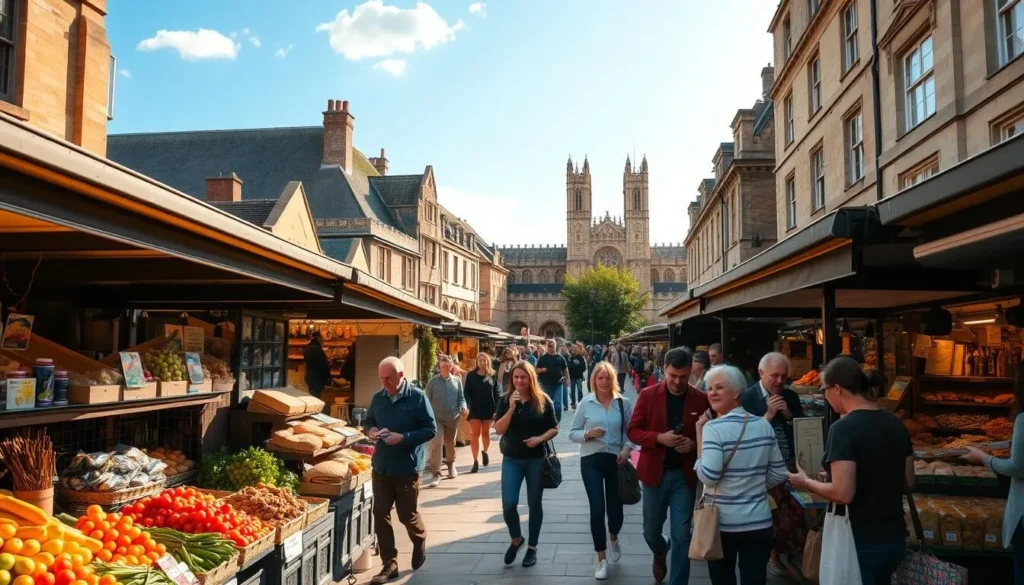 A bustling market square in Cambridge, England, bathed in warm afternoon sunlight. In the foreground, a colorful array of stalls offer an enticing selection of local produce, artisanal breads, and savory street food. The middle ground features the historic architecture of the city, with the iconic spires of King's College Chapel in the distance. A group of friends and families stroll leisurely, sampling delicacies and chatting amiably. The atmosphere is one of conviviality and appreciation for the bounty of the region, creating a quintessential scene of Cambridge's vibrant food culture.