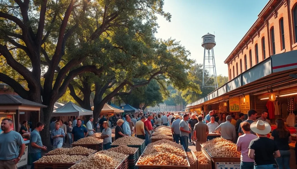 A bustling market square in the heart of Dothan, Alabama, the Peanut Capital of the World. Warm sunlight filters through towering pecan trees, casting dappled shadows on the crowded outdoor stalls. Vibrant displays of freshly harvested peanuts, roasted in their shells, draw in a lively crowd of locals and visitors alike. The air is thick with the aroma of peanut oil and the lively chatter of merchants haggling with customers. In the distance, the iconic water tower looms, a symbol of this thriving agricultural community. A scene that captures the essence of Dothan's proud peanut heritage and the welcoming spirit of its people.