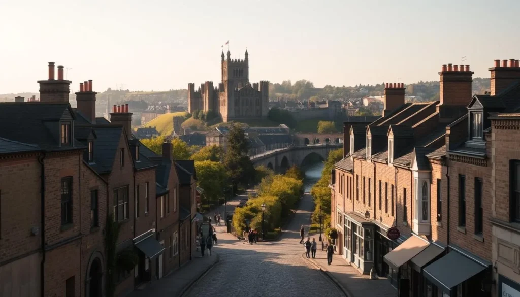 A bustling medieval city centre in Lancaster, England, on a sunny day. In the foreground, cobblestone streets are lined with charming brick buildings and quaint shops. In the middle ground, the iconic Lancaster Castle sits atop a hill, its towering spires and turrets casting long shadows. In the background, the Lancaster Canal winds its way through the cityscape, flanked by lush greenery and historic bridges. Warm, diffused sunlight bathes the scene, creating a cozy, inviting atmosphere. Capture the timeless allure of this quintessential English town with a sense of tranquility and timelessness.