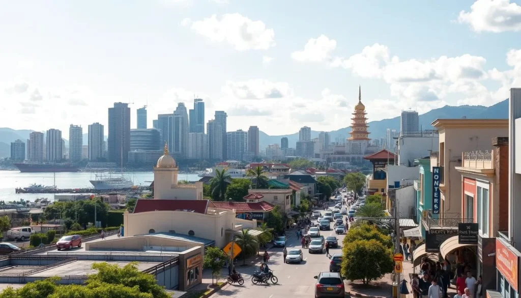 A bustling metropolis nestled along the azure shores of the Visayas, Cebu City stands as the vibrant heart of the Queen City of the South. Capture the sun-dappled skyline, its towering skyscrapers and historic landmarks reflected in the calm waters of the harbor. Stroll through the lively Colon Street, bustling with colorful shops and local cuisine. In the distance, the iconic Taoist Temple gazes over the city, its gilded pagodas shimmering under the warm, golden light. Pedestrians and traffic flow through the streets, creating a pulsing energy that exemplifies the dynamic spirit of this thriving urban center.