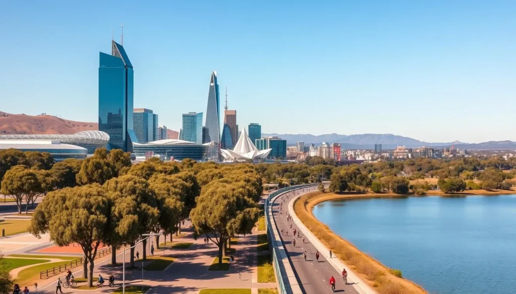 A bustling, modern cityscape with sleek glass skyscrapers and contemporary architectural marvels, set against a backdrop of rolling hills and a clear, azure sky. In the foreground, a tree-lined promenade bustles with pedestrians and cyclists, capturing the energy and vibrancy of Australia's capital. The midground features a picturesque lake surrounded by lush greenery, reflecting the city's commitment to urban planning and environmental harmony. Warm, diffused sunlight bathes the scene, creating a welcoming, inviting atmosphere that showcases the best of Canberra's urban and natural wonders.