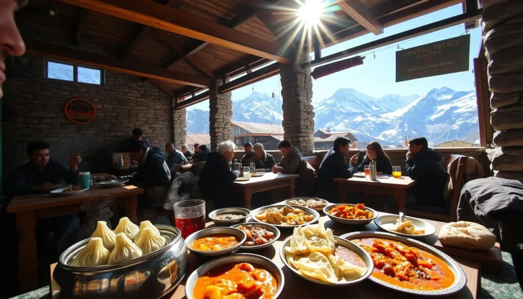 A bustling mountain town, Lukla's dining options come alive under the warm sunlight. Capture the cozy, rustic atmosphere of a traditional Nepali teahouse, its wooden beams and stone walls framing a scene of locals and trekkers sharing hearty meals. In the foreground, a table laden with steaming momos, fragrant curries, and freshly baked Tibetan bread invites the senses. The middle ground showcases the vibrant energy of the dining area, with people seated at intimate tables, engaged in lively conversation. In the background, glimpse the majestic Himalayan peaks peeking through the windows, a reminder of the stunning natural beauty that surrounds this mountain town. Utilize a wide-angle lens to fully encompass the charming, authentic feel of Lukla's dining experience.