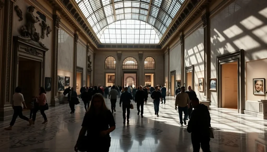 A bustling museum scene in Buenos Aires, Argentina. In the foreground, visitors stroll through the grand, ornate lobby, their silhouettes casting intriguing shadows against the intricate marble floors and walls. The middle ground features a stunning atrium, its soaring glass ceiling allowing natural light to flood the space, illuminating the intricate architectural details. In the background, various exhibition halls beckon, their doorways framing glimpses of thought-provoking artwork and captivating installations. The atmosphere is one of intellectual curiosity and cultural immersion, inviting the viewer to explore the city's rich artistic heritage.