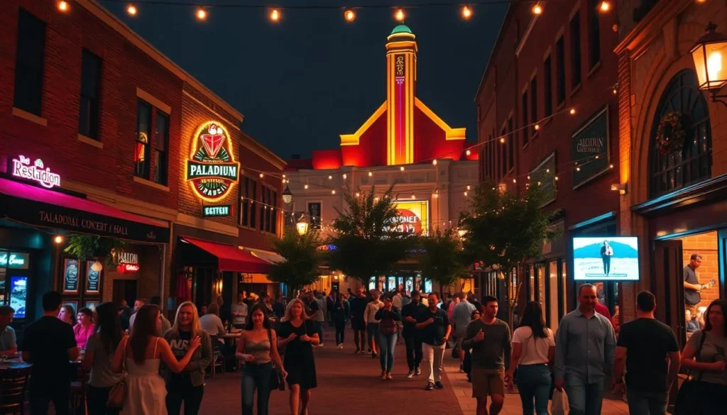A bustling nightlife scene in the charming town of Carmel, Indiana. Capture the vibrant energy of the downtown district, with its inviting restaurants, lively bars, and chic cocktail lounges. Showcase the warm glow of neon signs and string lights, casting a cozy ambiance over the cobblestone streets. In the foreground, groups of friends and couples stroll, chatting and laughing, while in the middle ground, live music spills out from the doorways of local venues. In the background, the iconic Palladium concert hall stands tall, its elegant architecture illuminated against the night sky. Use a wide-angle lens to emphasize the depth and dynamism of the scene, with a soft, cinematic lighting that evokes the enchanting atmosphere of Carmel's thriving nightlife.