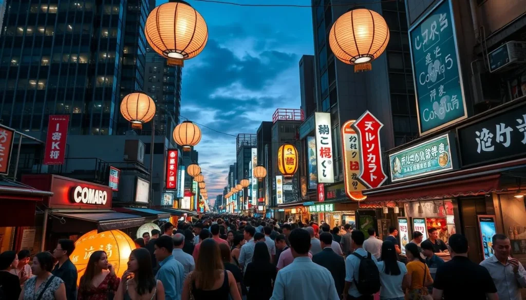 A bustling nightscape in Toshima-ku, Tokyo's vibrant entertainment district. Neon-lit streets come alive with crowds spilling out of lively izakayas, karaoke bars, and stylish clubs. Sleek highrise buildings backdrop the scene, their windows glittering under a twilight sky. Elegant lanterns sway overhead, casting a warm glow on the lively crowds below. Fashionable locals and tourists mingle, drawn to the pulsing energy and diverse array of dining, drinking, and nightlife options. A sense of excitement and possibility fills the air, capturing the essence of Tokyo's renowned after-dark allure.