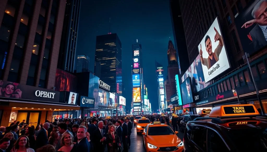 A bustling nighttime scene in the heart of Manhattan, with the iconic skyscrapers and neon lights of Times Square as the backdrop. In the foreground, a crowd of well-dressed people spill out of high-end clubs and bars, their laughter and chatter filling the air. Taxis and luxury cars line the streets, their headlights casting a warm glow over the scene. Overhead, the sky is a deep indigo, peppered with the twinkling lights of the city. The camera angle is slightly elevated, capturing the energy and excitement of New York City's vibrant nightlife.