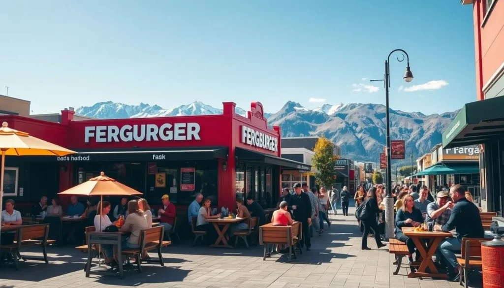 A bustling open-air eatery in the heart of Queenstown, New Zealand, Fergburger stands out with its iconic bright red facade and lively atmosphere. Capture the scene as patrons spill out onto the sidewalk, enjoying their gourmet burgers under the warm afternoon sun. Render the detail of the wooden benches and tables, the vibrant umbrellas providing shade, and the scenic backdrop of the majestic Remarkables mountain range. Utilize a wide-angle lens to showcase the full scale of this popular dining destination, conveying the energy and appeal that makes it a must-try for visitors to this picturesque town.