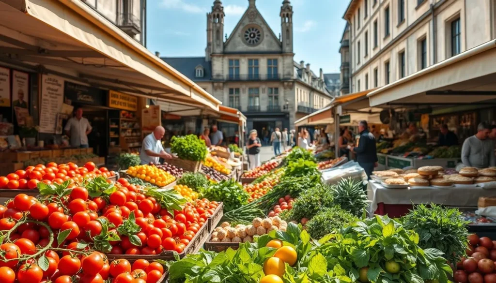 A bustling open-air food market in Amiens, France, on a sunny spring day. In the foreground, vibrant stalls overflow with fresh local produce - juicy tomatoes, crisp greens, and fragrant herbs. In the middle ground, artisanal vendors hawk their wares, from rustic breads and creamy cheeses to handcrafted jams and pastries. In the background, the historic architecture of Amiens frames the scene, lending an authentic, timeless ambiance. Soft natural lighting bathes the market, creating a warm, inviting atmosphere that beckons food lovers to explore and indulge.