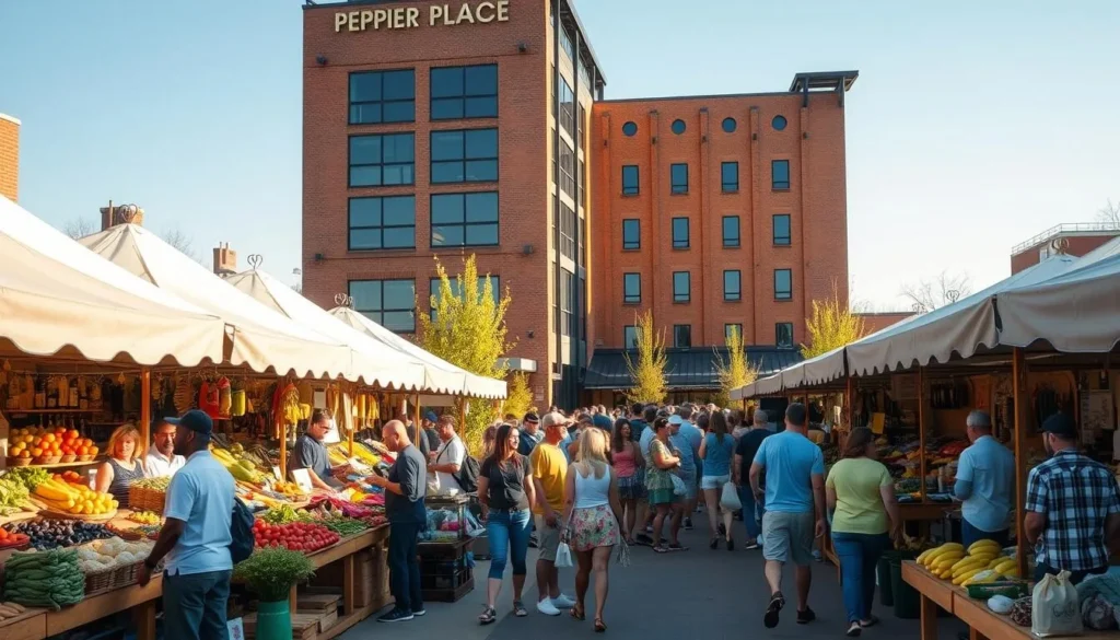 A bustling open-air market at Pepper Place, Birmingham, on a sunny spring day. The foreground features an abundance of fresh produce, artisanal goods, and local crafts displayed on wooden stalls. In the middle ground, a diverse crowd of shoppers explore the market, conversing with friendly vendors. The background showcases the distinctive brick and steel architecture of the Pepper Place complex, bathed in warm, golden light. Capture the vibrant atmosphere, the sense of community, and the celebration of local Alabama fare and talent.