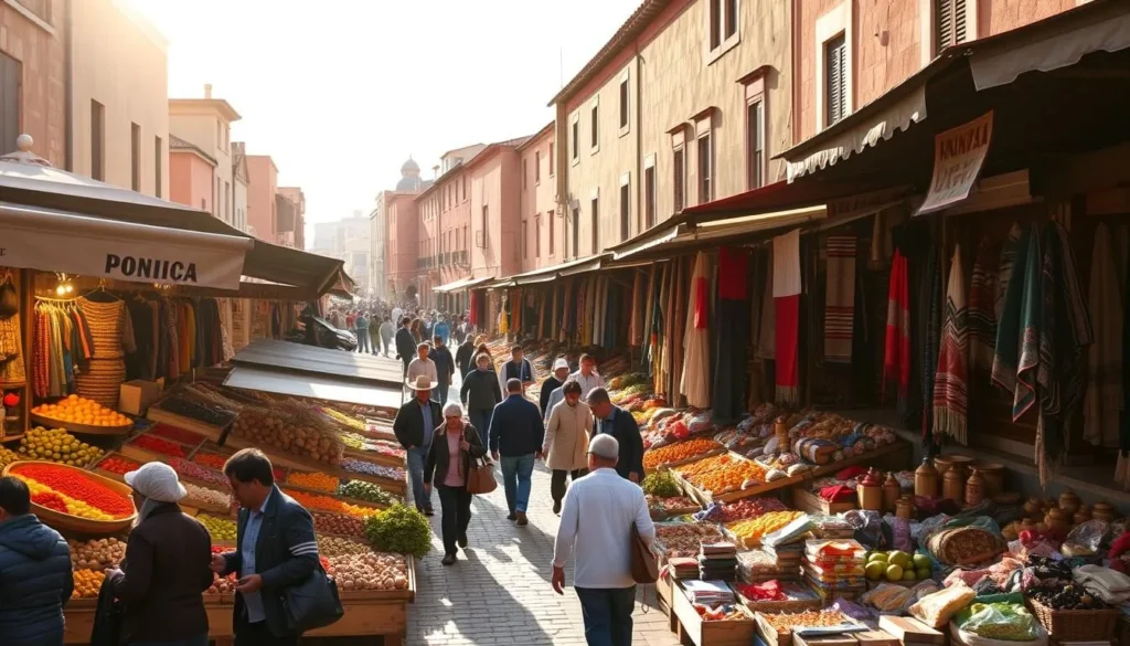 A bustling open-air market in Potosí, Bolivia, with rows of vibrant stalls and vendors selling an array of local produce, handcrafted textiles, and traditional Bolivian wares. The scene is bathed in warm, natural light, casting a golden glow over the lively, energetic atmosphere. In the foreground, customers browse the colorful displays of fresh fruits, vegetables, and spices, while in the middle ground, artisans showcase their intricate, handwoven textiles and garments. The background is filled with the iconic adobe buildings and cobblestone streets that characterize the historic city of Potosí, providing a picturesque and authentic setting for this bustling Andean marketplace.