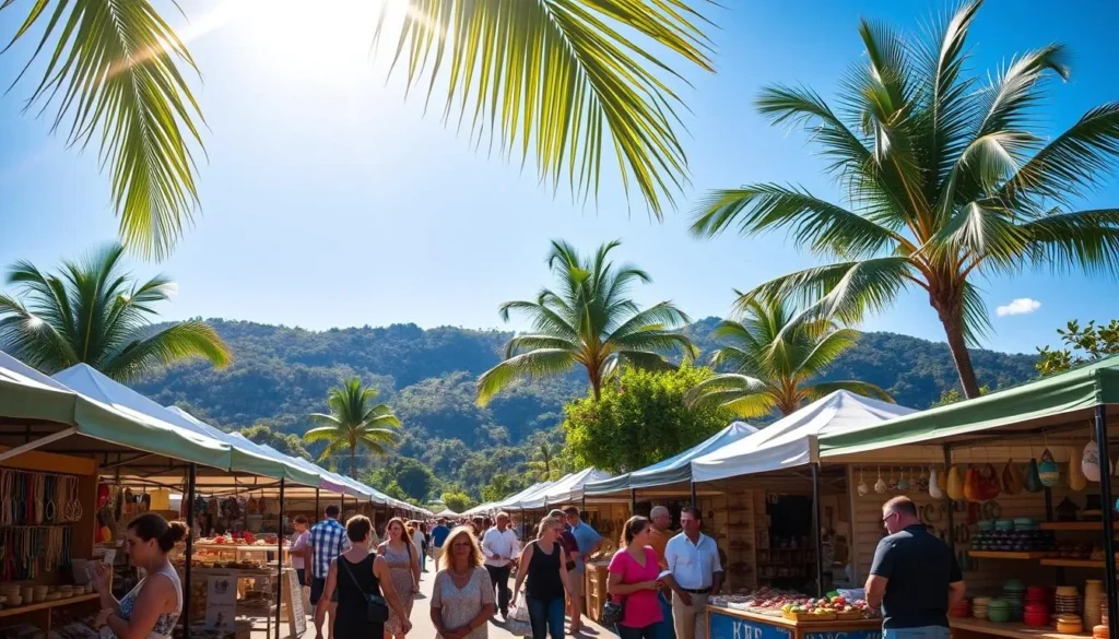 A bustling open-air market in the charming seaside town of Port Douglas, Queensland. Vibrant stalls display an array of locally crafted goods, from handmade jewelry and pottery to fresh produce and artisanal fare. Beneath a clear azure sky, sunlight filters through lush palm fronds, casting a warm glow over the lively scene. In the foreground, shoppers browse the colorful displays, while in the middle ground, vendors enthusiastically showcase their wares. In the background, the iconic Daintree Rainforest provides a verdant backdrop, hinting at the natural beauty that surrounds this idyllic coastal destination. Capture the lively atmosphere and community spirit of the Port Douglas Sunday Markets.