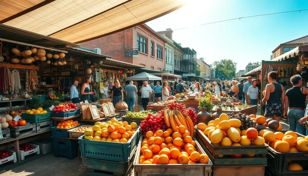A bustling open-air market in the heart of Brisbane, Australia. Wide-angle lens captures the vibrant scene - stalls overflowing with fresh local produce, artisan crafts, and the lively chatter of vendors and shoppers. Warm natural light filters through the canopy, casting a golden glow over the lively crowd browsing the diverse wares. In the foreground, crates of ripe fruits and vegetables spill onto the weathered wooden tables, their colors and textures beckoning passersby. Middle ground showcases the diversity of handmade goods - pottery, textiles, and quirky trinkets. The background frames the market against a backdrop of historic brick buildings, completing the charming, quintessentially Australian atmosphere.