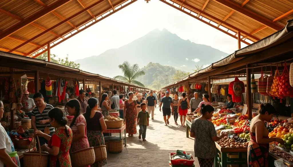 A bustling open-air market in the heart of Mindanao, vibrant with the sights, sounds, and aromas of local culture. In the foreground, a group of women in colorful traditional garments haggle with vendors over handwoven baskets and handcrafted trinkets. In the middle ground, a throng of people navigate between stalls piled high with tropical fruits, fragrant spices, and fresh seafood. The background features a towering mountain range, its peaks shrouded in wisps of cloud, creating a serene and enchanting atmosphere. Warm, diffused sunlight filters through the open-air pavilion, casting a golden glow over the entire scene.