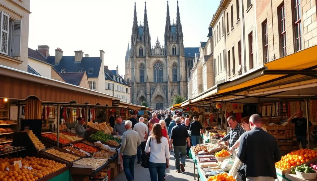 A bustling open-air market in the historic town of Chartres, France. In the foreground, vendors showcase their vibrant produce and handcrafted wares under the warm glow of natural sunlight. Shoppers meander through the rows of stalls, examining local cheeses, breads, and seasonal fruits. In the middle ground, the iconic spires of Chartres Cathedral loom majestically, providing a stunning backdrop. The atmosphere is lively and inviting, with a blend of French conversation and the aroma of freshly baked pastries. The scene captures the essence of a quintessential local market experience in this picturesque medieval town.