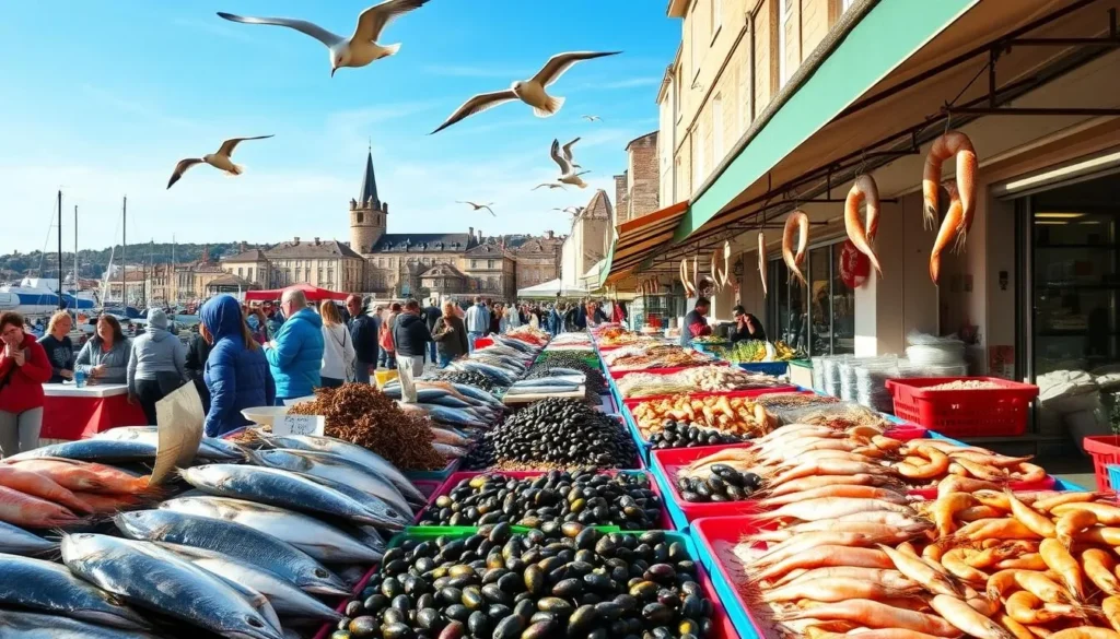 A bustling open-air seafood market in the historic port city of La Rochelle, France. Vibrant stalls showcase an abundance of fresh local catch - glistening whole fish, plump shrimp, and gently swaying mussels. The sun-dappled scene is framed by charming stone buildings and the iconic towers of the old harbor. Seagulls soar overhead as locals and visitors alike browse the offerings, the air filled with the tantalizing aroma of sizzling seafood. A quintessential taste of coastal French cuisine and culture.